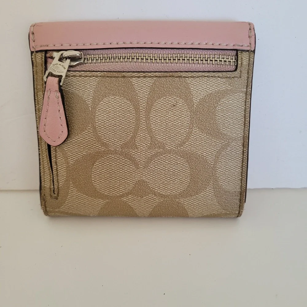 Coach Small Trifold Wallet Pink Khaki Signature Canvas Leather Trim
